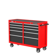 Photo of CRAFTSMAN CMST98273RB red rolling tool chest with eight black drawers, side handle, and casters, front angle.