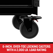 Craftsman CMST98274BK black 6-inch over-toe locking casters, side angle, graphics product.