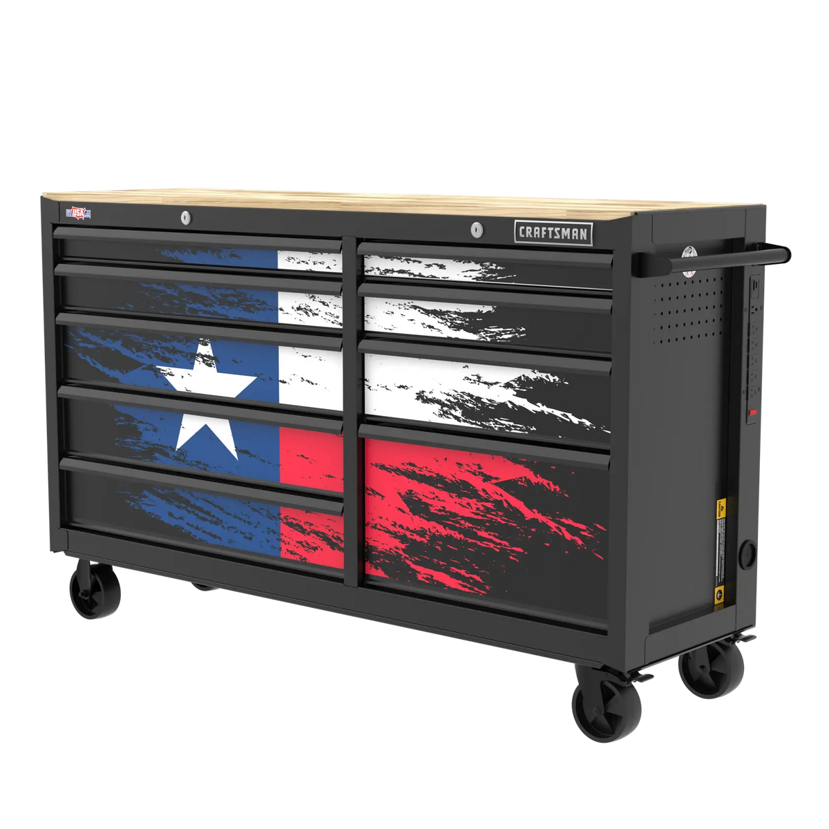 A CRAFTSMAN rolling tool chest with a wooden top surface and black metal body, featuring a Texas flag design painted across