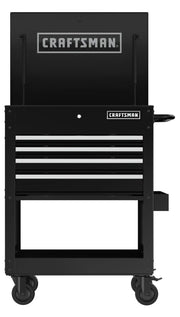 Front view photo of Craftsman CMST98276BK black rolling tool chest with open top lid and four drawers.