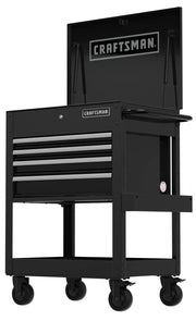 Craftsman CMST98276BK black rolling tool chest with four drawers, open lid, front angle photo.