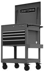 Photo of Craftsman rolling tool chest CMST98276GB with four drawers, open top, and side handle, front angle.
