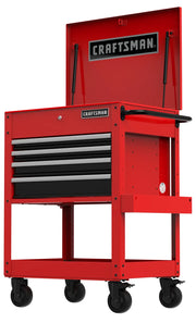 Photo of Craftsman red rolling tool chest CMST98276RB with open top lid and four drawers, angled view.