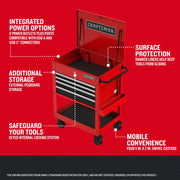 Craftsman red tool chest CMST98276RB, front angle, features USB outlets, pegboard storage, locking system, swivel casters.
