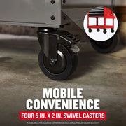 Close-up photo of CRAFTSMAN CMST98276RB graphic showing black 5 in. x 2 in. swivel caster on tool chest.