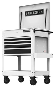 Photo of Craftsman white rolling tool chest with open top, four drawers, side handle, and casters, CMST98276WW.