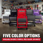 Craftsman tool chests CMST98276WW in red, black, grey, purple, and white in a workshop setting.