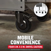 Craftsman CMST98276WW graphics showing a close-up of a black swivel caster on a tool storage cart, with inset image displaying all four casters.
