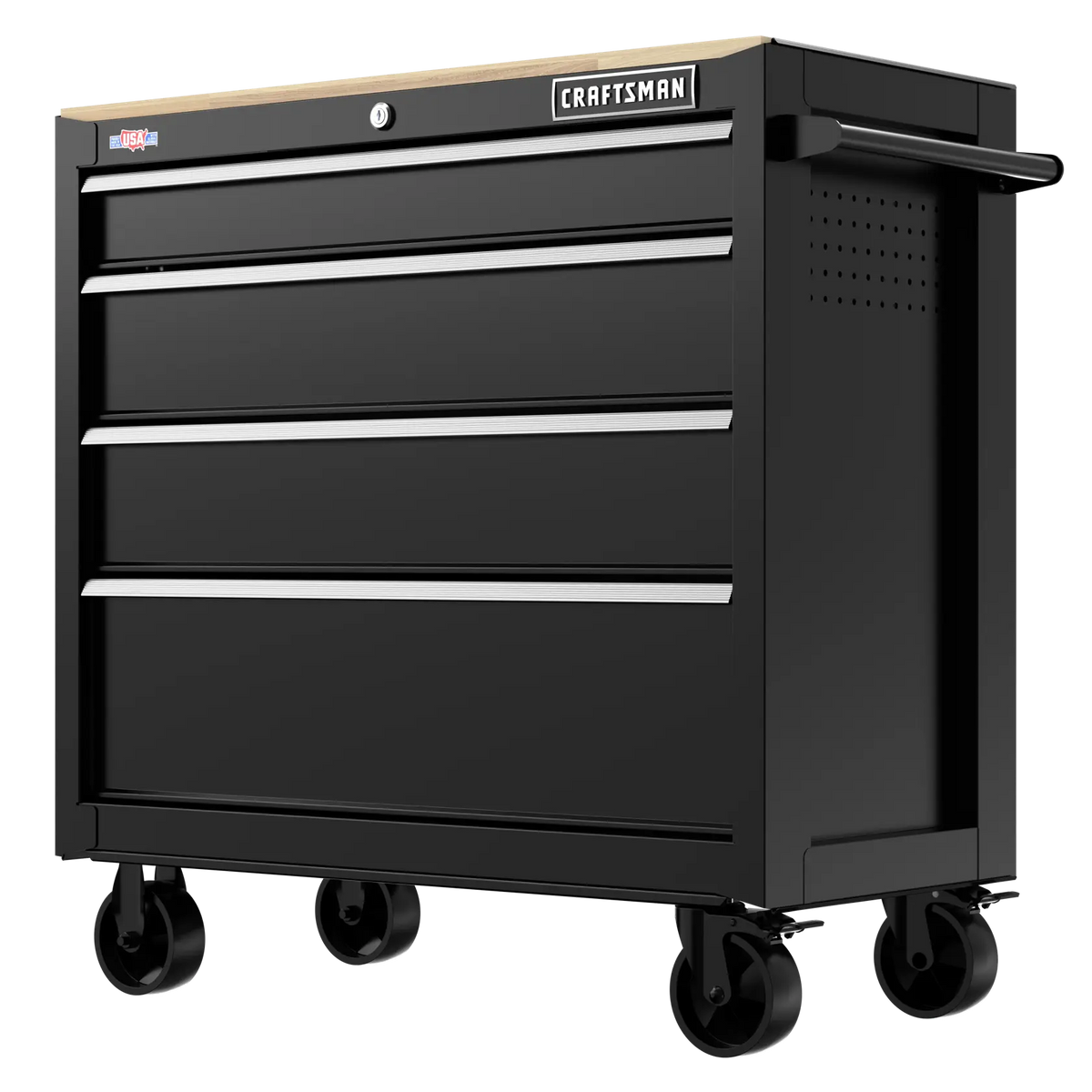 Craftsman black rolling tool chest with wood top, four drawers, CMST98278BK, front angle photo.