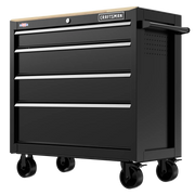 Craftsman black rolling tool chest with wood top, four drawers, CMST98278BK, front angle photo.