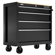 Craftsman CMST98278BK black rolling tool chest with wood top and four drawers, angled product photo.