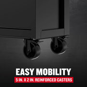 Craftsman graphics SKU CMST98278BK close-up of black cabinet corner with 5 x 2 in. reinforced casters.