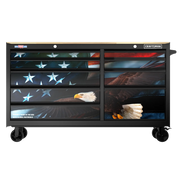 Photo of CRAFTSMAN tool chest CMST98279P with eagle and US flag graphic, front angle on white background.