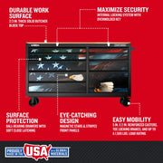 Photo of Craftsman rolling tool chest CMST98279P with magnetic stars and stripes graphics, USA flag, bald eagle, multiple drawers, butcher block top, and caster wheels, front angle.