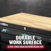 Photo of Craftsman CMST98279P workbench with 2/3 inch thick solid butcher block top, partial front angle.