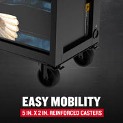 Photo of Craftsman rolling tool chest CMST98279P, close-up on reinforced 5 in. x 2 in. black caster wheels.