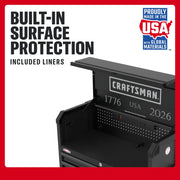 Craftsman graphics CMST98281P, built-in surface protection feature, black tool chest top angle.