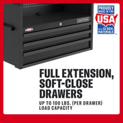 Craftsman graphics CMST98281P showing black toolbox drawers, full extension, soft-close, 100 lbs load, USA label