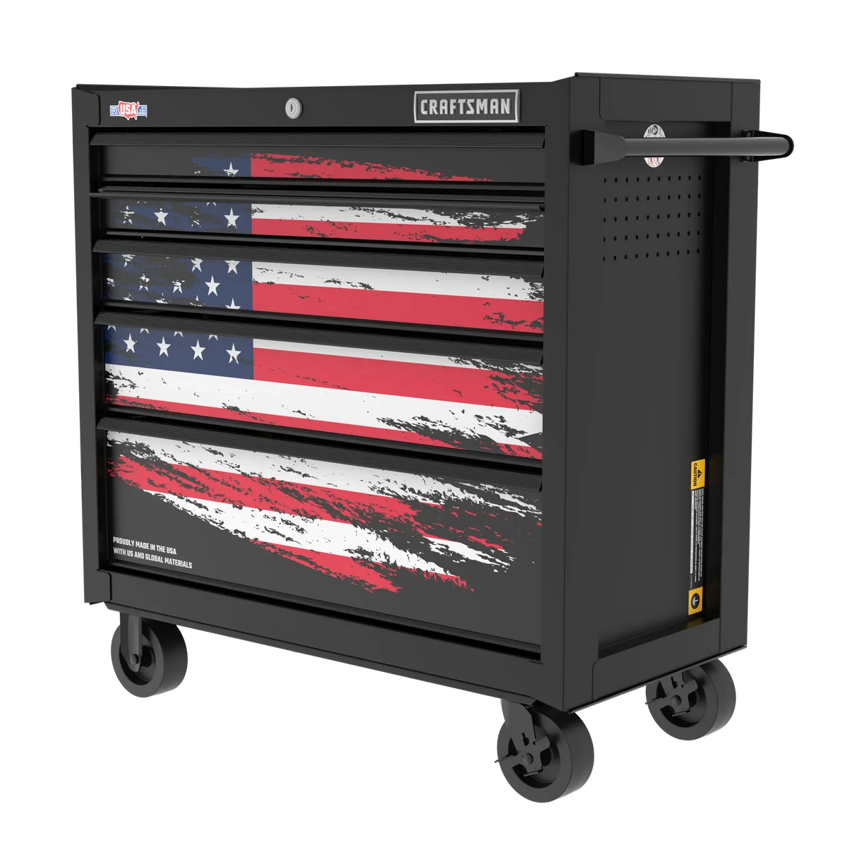 A black rolling tool chest with four drawers, featuring a stylized American flag design on the front. The chest has wheels for mobility and a handle on the side. The brand 'CRAFTSMAN' is visible at the top.