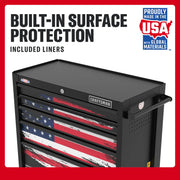 Craftsman CMST98284P graphics tool chest, black finish, American flag design drawers, front angle photo.