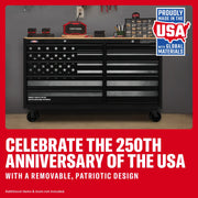 Craftsman CMST98285P graphics tool chest with USA flag design, black drawers, side angle, workshop background.