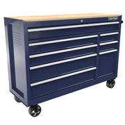 Craftsman CMST98529BB blue rolling tool chest with wood top, eight drawers, side view, white background.