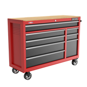 A red metal rolling tool chest with eight black drawers and a wooden top, equipped with four caster wheels for mobility. The chest has a Craftsman brand label on the top right.