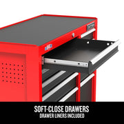 A close-up view of a red Craftsman tool chest with an open soft-close drawer, showing that drawer liners are included. The text on the image highlights the soft-close drawer feature and the included liners.