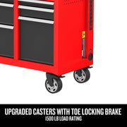 Close-up of the lower corner of a red and black tool chest showing upgraded casters with a toe locking brake, capable of supporting a 1500 lb load rating. The tool chest has multiple drawers and a warning label on the side.