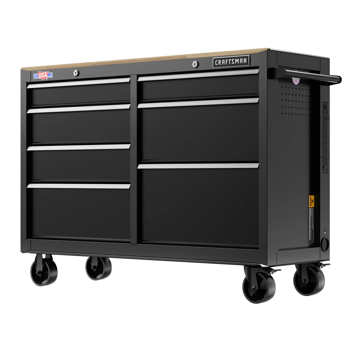 Craftsman black rolling tool chest with wood top and seven drawers, front angle, CMST98530BK.