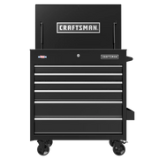 A black Craftsman tool chest on wheels, featuring multiple drawers and a top storage compartment with the Craftsman logo on the front.