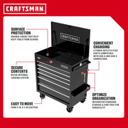 Craftsman CMSTUC06BK black rolling tool chest with open lid, showing drawers, side tray, pegboard, and caster wheels, front angle.