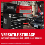 Craftsman CMSTUC06PB black tool chest with pegboard and 6 drawers in garage setting, front angle.