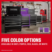 Craftsman rolling tool chest CMSTUC06PB in five colors: black, purple, grey, white, and red, front angle.