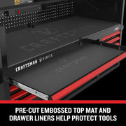 Photo of Craftsman embossed tool chest liner and top mat with logo, shown in open drawer. CMSTVS4108BK.