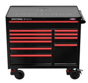 A black and red Craftsman tool chest with multiple drawers and lockable compartments, mounted on four wheels.