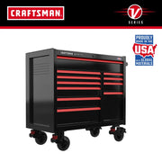 Photo of Craftsman rolling tool chest model CMSTVS4111BK, black V-Series with red drawers, front angle on white.
