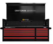 A black and red Craftsman V Series tool chest with multiple drawers and an open top lid. The chest features a pegboard, a power strip inside, and Craftsman branding on the front.