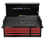 A black and red Craftsman V Series tool chest with multiple drawers and an open top compartment. The chest features the Craftsman logo and is made in the USA.