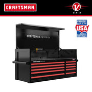 Craftsman CMSTVS5210BK V Series black and red tool chest, front angled view, with open top.