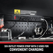 Craftsman CMSTVS5210BK six-outlet power strip with two USB ports mounted on a black pegboard, close-up view.