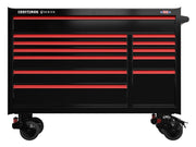 A large black tool chest with multiple drawers and red accents, mounted on four caster wheels. The chest is labeled 'Craftsman' and designed for organized tool storage.