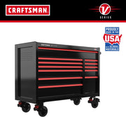 Photo of Craftsman black and red rolling tool chest with multiple drawers, model CMSTVS5212BK, front angle, white background.