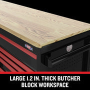 CRAFTSMAN graphics showing butcher block workspace, 1.2 inch thick, wood top, black and red, CMSTVS6311BK.