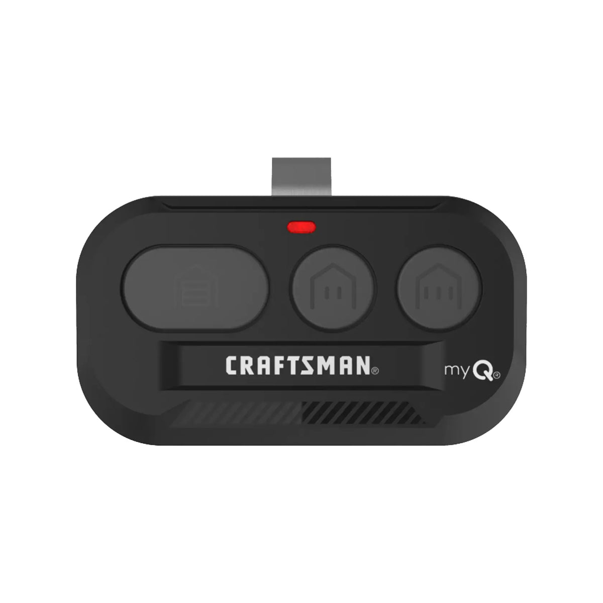 Photo of Craftsman CMX363 black three-button garage door remote with myQ logo, top angle on white background.