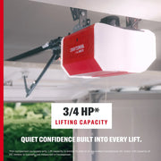 Photo of Craftsman garage door opener CMXB4230, red and white, mounted on ceiling, side angle view.