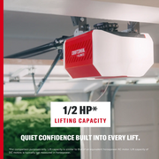 Photo of Craftsman garage door opener, red and white, model CMXC1220, mounted on ceiling with chain drive, side angle view.