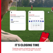 Photo of person holding phone with CRAFTSMAN myQ app, showing garage door scheduling screens on grass field. SKU CMXC1220.