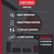 Craftsman CMXC1220 graphics feature quiet operation, smartphone control, 0.5 HP lift, 2-light system, warranty info.