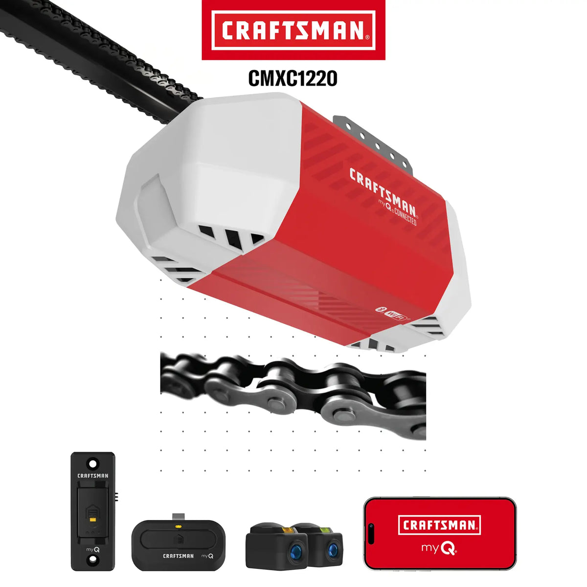 Photo of Craftsman garage door opener CMXC1220 with accessories, red and white, front angle.